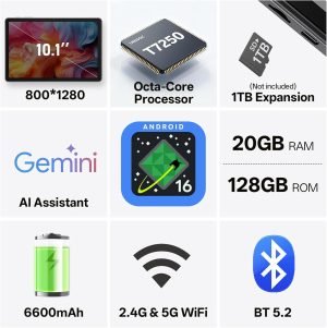 Android 16 Tablet, 10.1 inch Tablets with Octa-Core Processor, 20GB RAM 128GB ROM 1 TB Expandable, 1280×800 HD IPS Touch Screen, GPS, 8H Battery, WiFi 6, BT 5.2, Dual Camera (Gray)