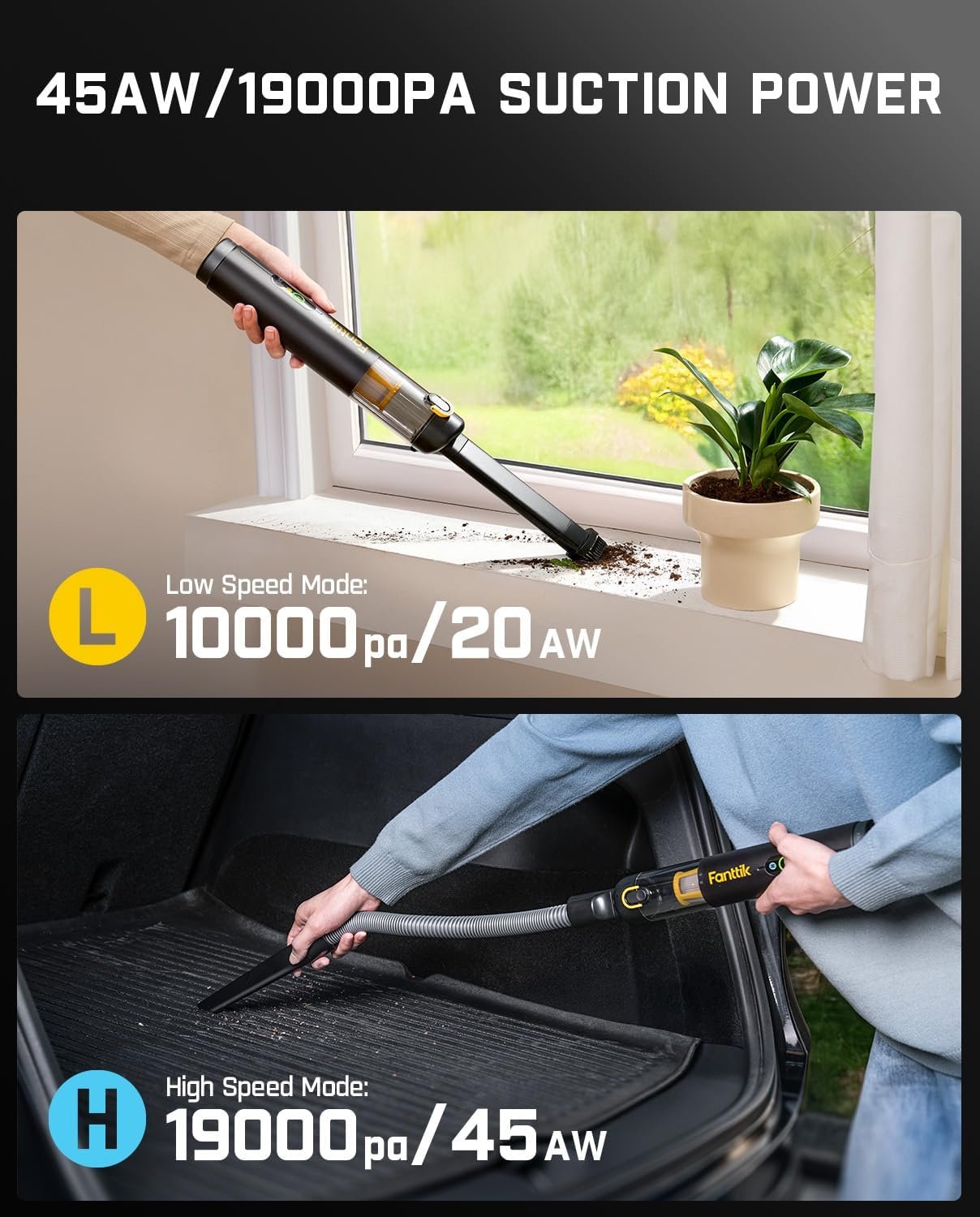 Fanttik Slim V10 APEX Cordless Car Vacuum, 4-in-1 Portable Mini Handheld Vac, 19kPa Suction Power, Upgraded Smart Digital Display, 2 Suction Modes for Small Jobs, Car, Office Desk, Keyboards (Black) - Image 6