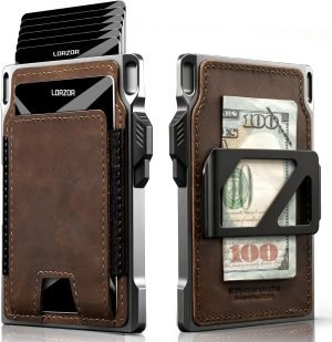 LORZOR Slim Tactical Wallet for Men- Minimalist Front Pocket Full Grain Leather Wallet for 12 Cards, RFID Blocking Aluminum Cardholder, Smart Pop Up Card Case, Money Clip, Gift Boxed(DistressBrown)