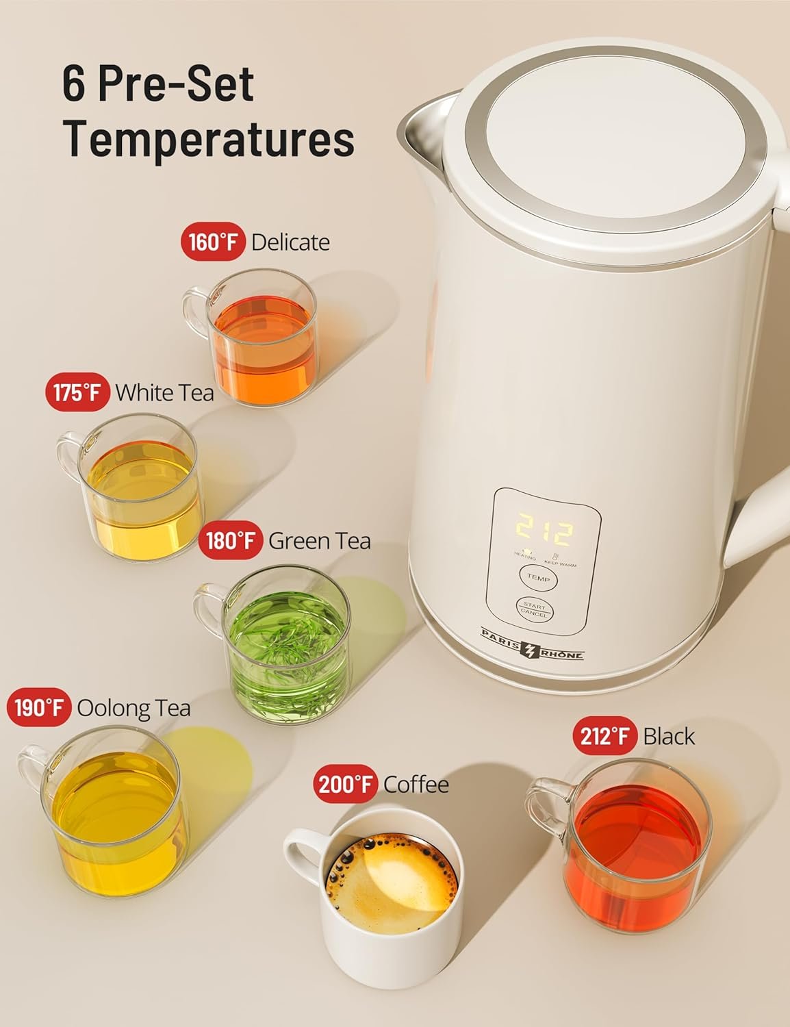 PARIS RHÔNE Electric Kettle Temperature Control, 1.7L Electric Tea Kettle Water Boiler, 4H Keep Warm with 6 Presets, LED Screen Electric Kettles for Boiling Water, Boil-Dry Protection, BPA Free - Image 3
