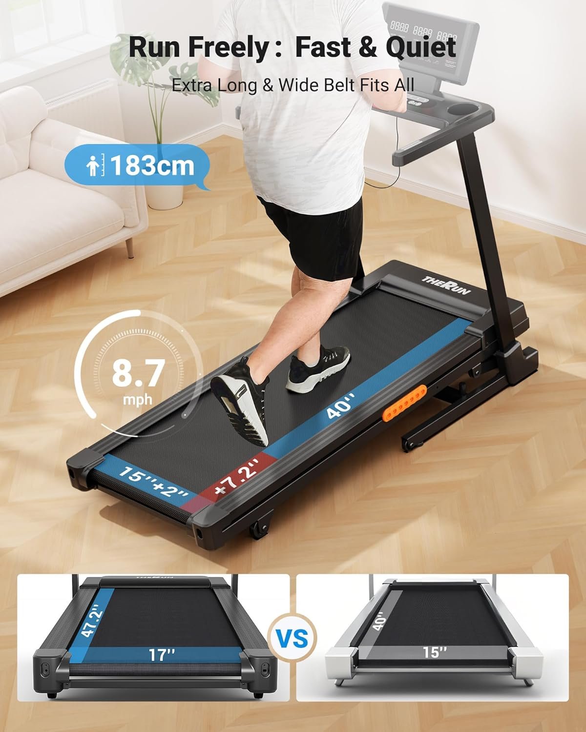 THERUN Treadmill with Incline, 3.0 HP Foldable Treadmills for Home, Brushless Motor Auto Incline Treadmill, 12 Level Adjustable, 300 LBS Capacity, Quiet Running - Image 5