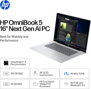 HP OmniBook 5 16 inch Next Gen AI PC, 2K Touchscreen, Snapdragon X Plus X1P-42-100, 16 GB ...