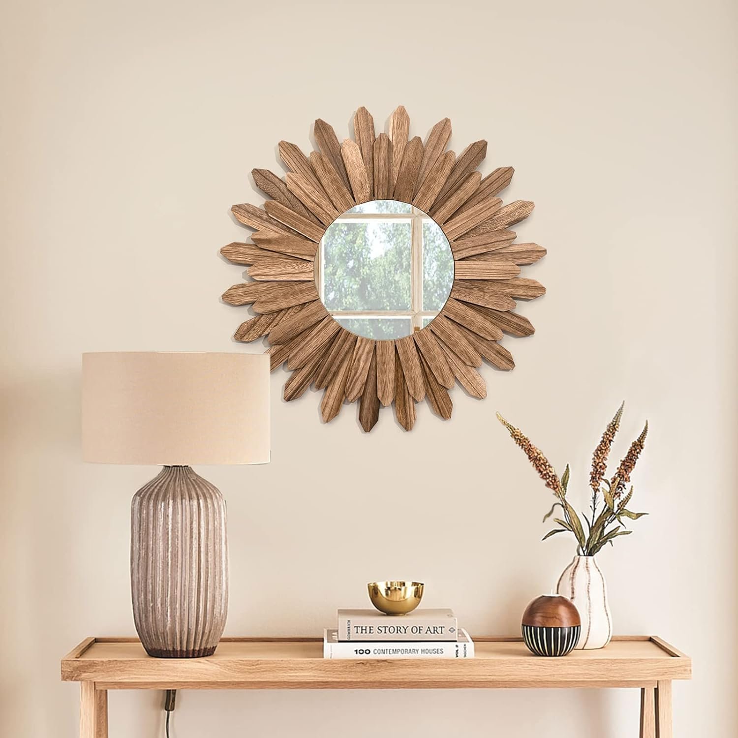 Honiway Mirror Wall Decor 21 inch Rustic Wood Boho Aesthetic Mirror for Room & Home Decor Farmhouse Wall Decor at Living Room Bedroom Carbonized Black - Image 6