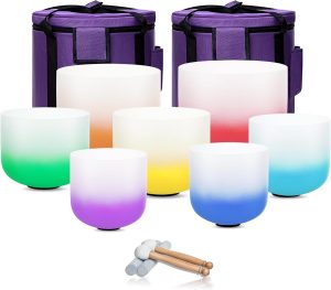 432hz Crystal Singing Bowl Healing 6-12inch Set of 7 Aria Gradient for Meditation Yoga Heart Chakra Singing Bowls Heavy Duty Carrying Case Rubber Mallet Suede Striker