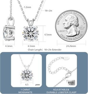 KRKC&CO Moissanite Necklace for Women, Sterling Silver Lab Solitaire Pendant for Her, 4-Prong, GRA, Gift for Anniversary, Birthday, Wedding – to Wife, Mom, 0.5/1/2/3/4CT White Gold Jewelry