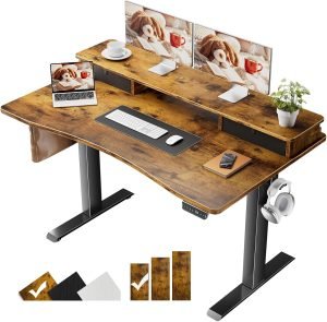 Veken 47.2″×27.6″ Standing Desk with Storage Drawers, Adjustable Height Computer Table with Monitor Shelf, Home Office Desk for Study, Gaming, Workstation, Brown