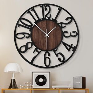 1st owned Large Wall Clock for Living Room Decor- 24″ Decorative Antique Silent Non Ticking,Battery Operated,Black Metal,Wood Clocks for Farmhouse,Dining Room,Bedroom,Kitchen – Arabic Numerals