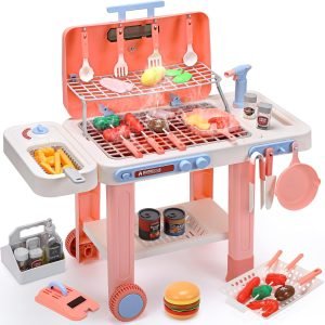 CUTE STONE BBQ Grill Toys for Kids with Color Changing Food, Cool Mist Spray, Sizzling Sound & Lights – Pretend Play Cooking Outdoor Grill Set with Frying Pan, on Wheels for Easy Move