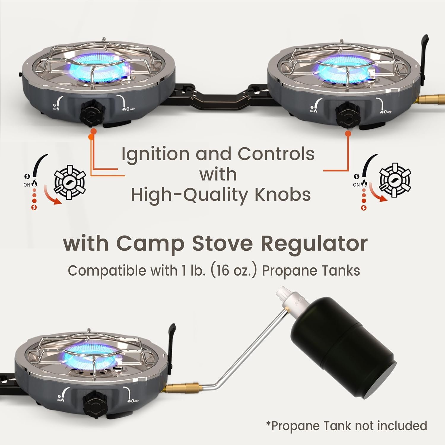 20,000 BTUs 2 Burner Propane Camping Stove, Portable Folding Camp Stove with Adjustable Burners, Built-in Ignition and Carrying Bag, Dual Gas Stoves for Tailgating, Camping, BBQ Overland Grey - Image 2