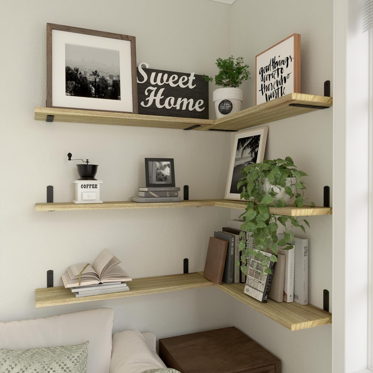 WOPITUES Wood Floating Shelves Set of 6, 24 inch Long Floating Shelves for Wall Decor, Farmhouse Shelf for Bedroom, Bathroom Storage Shelves, Book Shelves for Living Room - Rustic Brown - Image 5