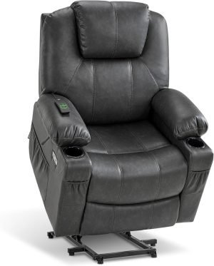MCombo Electric Power Lift Recliner Chair Sofa with Massage and Heat for Elderly, 3 Positions, 2 Side Pockets, and Cup Holders, USB Ports, Faux Leather 7040 (Grey, Medium)
