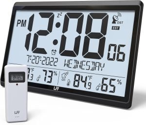 LFF Atomic Clock/Never Needs Setting, Battery Operated, Atomic Wall Clock with Indoor/Outdoor Temperature & Humidity, Wireless Outdoor Sensor, 15″ Digital Wall Clock with 4.5″ Numbers Easy-to-Read