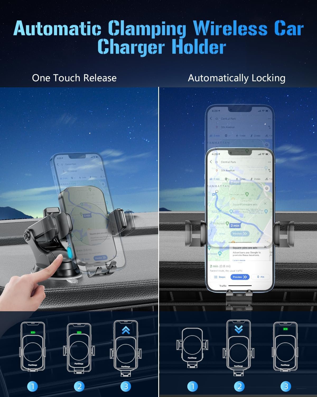 Wireless Car Charger, Fast Charging Phone Holder 3 in 1 Phone Mount Auto Clamping Car Accessories Compatible with iPhone 17 16 15 14 13 12 11 Xs XR, Samsung S23 Ultra S22 S21 S20(Deep Space Black) - Image 4