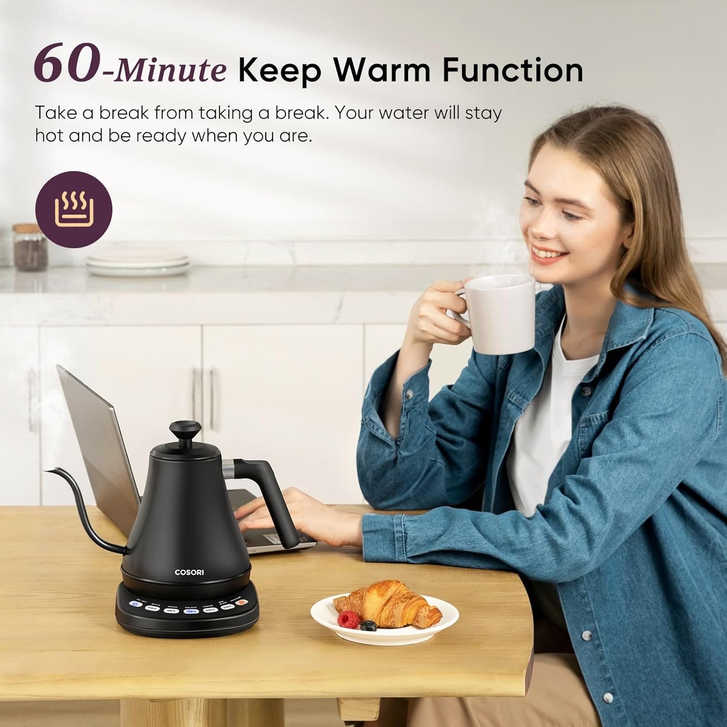 COSORI Electric Gooseneck Kettle with 5 Temperature Control Presets, Pour Over Kettle for Coffee & Tea, Hot Water Boiler, 100% Stainless Steel Inner Lid & Bottom, 1200W/0.8L - Image 5