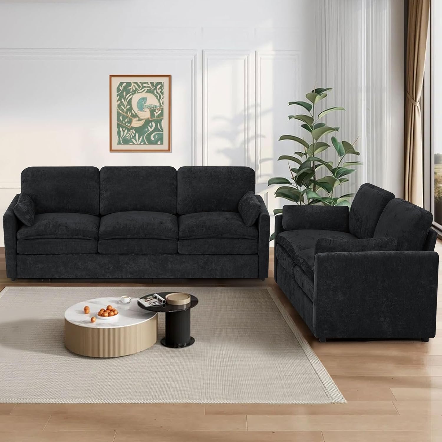 2 Pieces Chenille Sofa Set w/Throw Pillows, Upholstered Loveseat & 3 Seater Sofa w/Comfortable Back Cushions, Modern 2-Seat & 3-Seat w/High-Density Foam for Living Room, Apartment, Black - Image 5