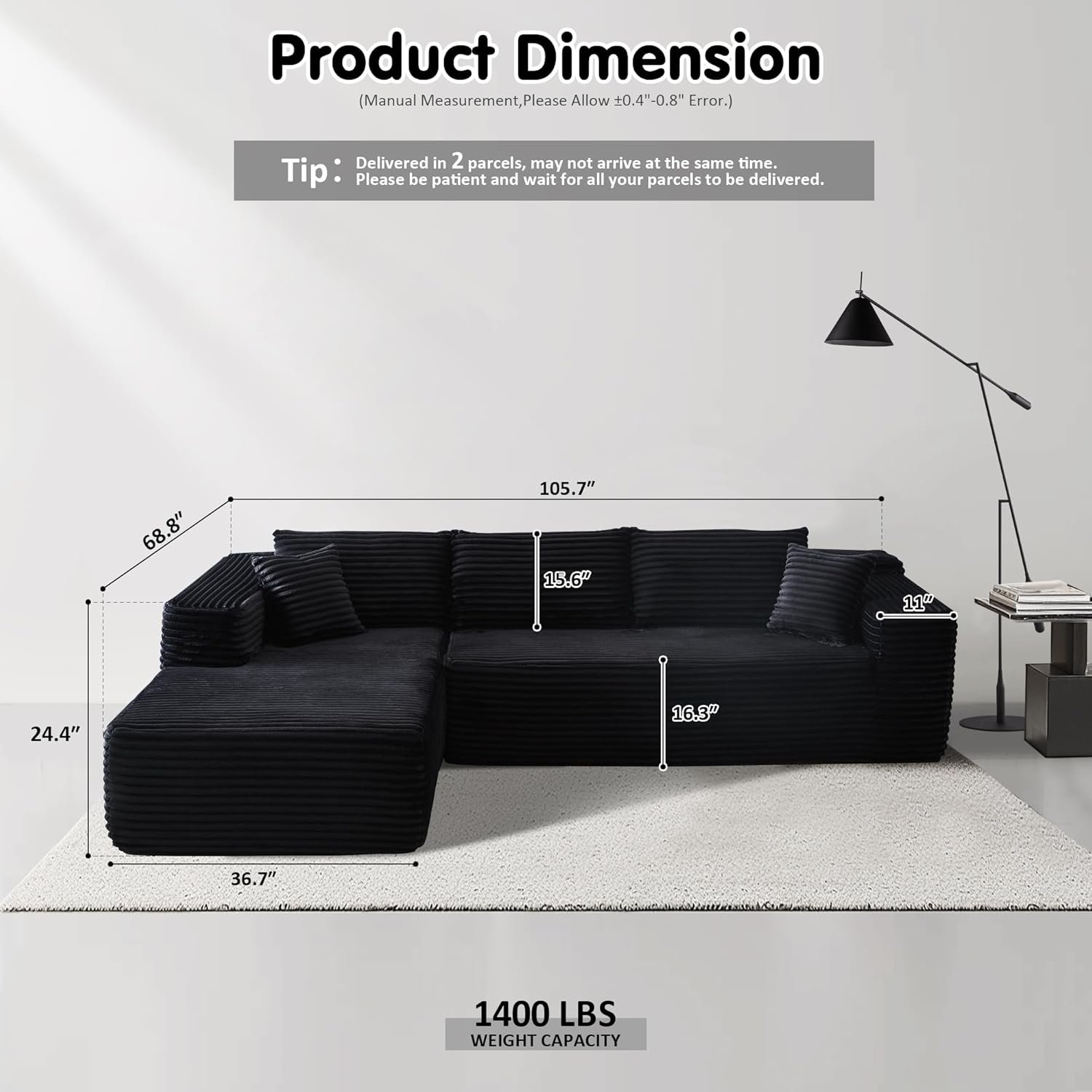ovios 104" Cloud Sectional Couch with L-Shape Chaise,Modern Modular Sofa with Deep Seat, Upholstered Couches for Living Room Bedroom,No Assembly Required, Black (Plush Corduroy Fabric) - Image 2