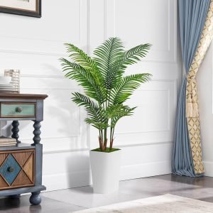 Artificial Palm Tree 5FT – Fake Tree with White Tall Planter – Faux Tropical Areca Floor Plant in Pot – Artificial Silk Plant for Home Office Living Room Decor Indoor