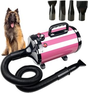 High Velocity Professional Dog Grooming Dryer,Adjustable Temperature and Speed Hair Dryer for Pets with 4 Nozzles