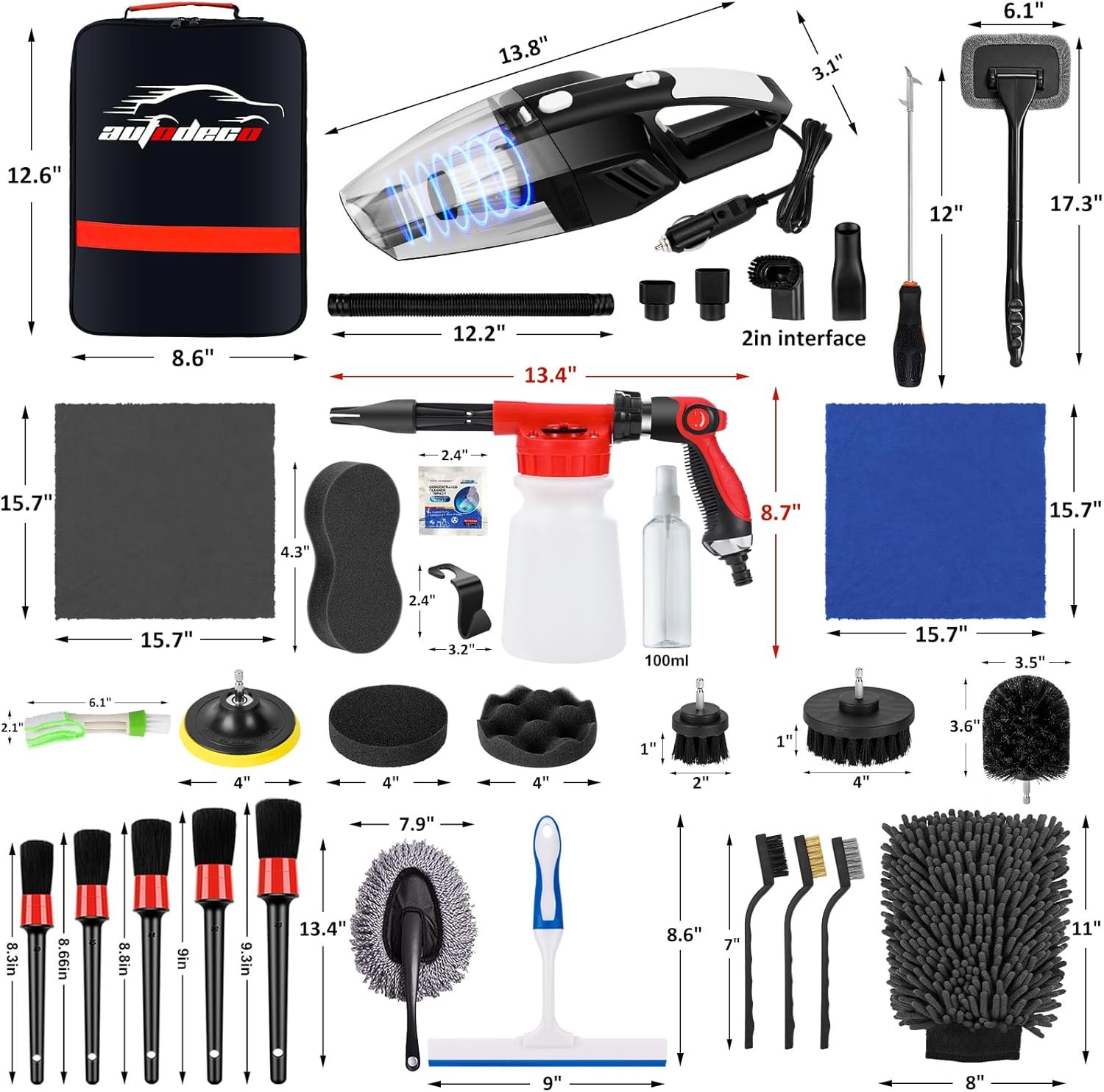 AUTODECO 43Pcs Car Wash Detailing Kit Cleaning Kits with Foam Gun Sprayer Long Handle Mop Car Vacuum Drill Brush Large Wash Mitt Towels Complete Interior Exterior Car Washing Supply Set Blue - Image 9