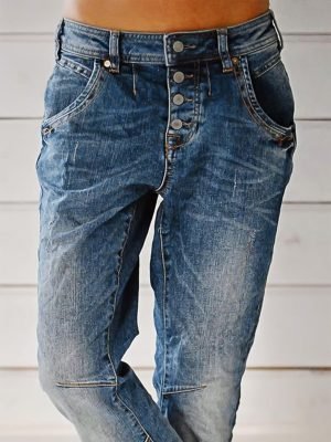 Flamingals Women’s Stretchy Straight Leg Casual Mid Rise Jeans Wash Button Fly Stitch Detail 90s Trendy Denim Jeans