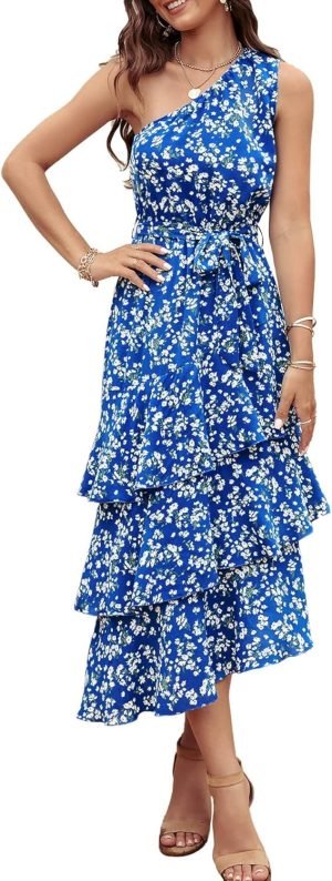 PRETTYGARDEN Women’s Summer Floral Sundress Casual One Shoulder Tiered Ruffle Flowy ...