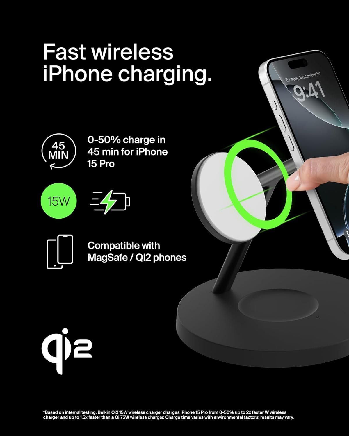 Belkin MagSafe-Compatible Charger, 3-in-1 Wireless Charging Station, Qi2-Certified 15W Wireless Charge for Apple iPhone 17 Series, Apple Watch, AirPods w/Non-Slip Base, 40W Included - Black - Image 3