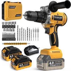 21V Cordless Hammer Drill – 1060In·lbs Brushless Drill Set with 2 x 4.0Ah Battery – 20+3 Torque Battery Drills 2150RPM Power Drills 1/2″ Chuck Electric Drill for Drilling Wood Bricks Metal