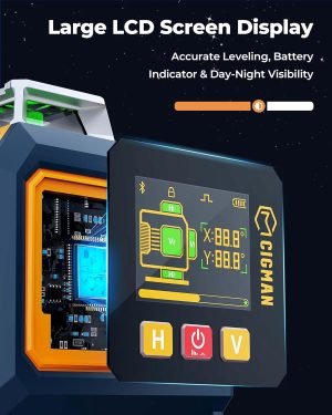 CIGMAN 16 Lines Green Laser Level 4×360° Self Leveling, Side LCD, Bluetooth App Remote, Pulse Mode for Receiver, 2×Li-ion (USB-C), Liftable Stand, 1/4″ Mount, IP54, ABS Hard Case – S04