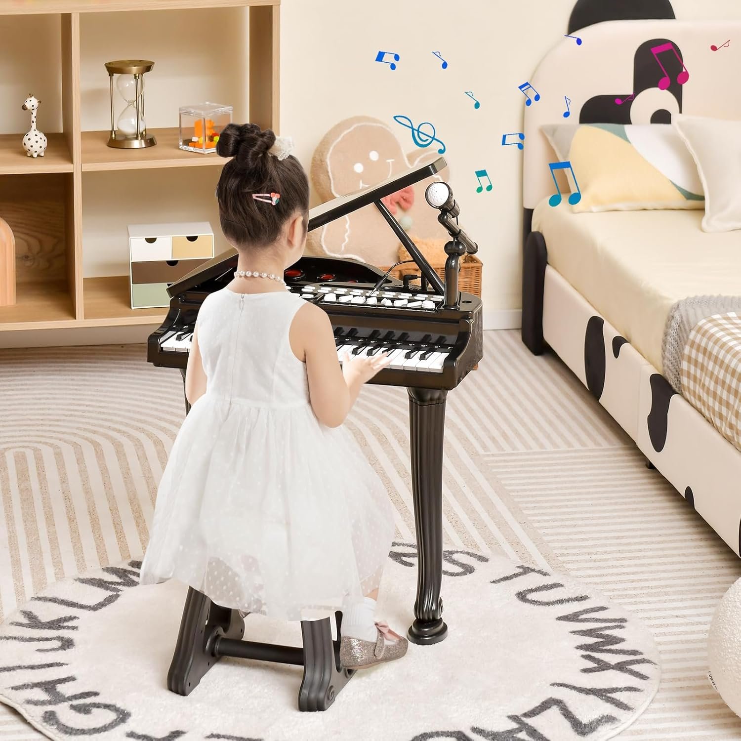 HONEY JOY Classical Kids Mini Grand Piano w/ Music Stand & Stool, Portable Electronic Piano Educational Musical Instrument Toy w/ Microphone, Lights, Gift for Kids (Black, 37 Keys) - Image 2
