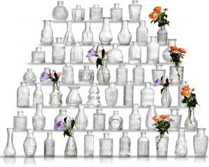 Glass Bud Vase Set of 60 – Small Vases for Flowers in Bulk – Assorted Vintage Crystal Vases for Flowers, Table Centerpieces (Clear, 60 Pcs)