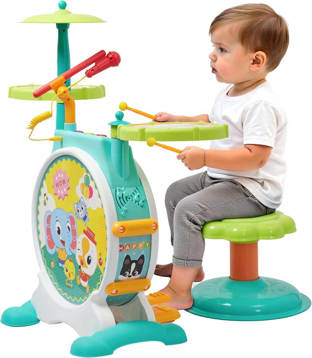 Prextex Electric Toy Drum Set with Realistic Sound - Plastic Musical Instrument for Kids - Baby Drum Toy with Cymbal - Stimulates Creativity and Motor Skills - Multicolor - Set of 9