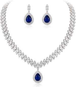 EVER FAITH Women’s CZ Marquise-Shaped Leaf Teardrop Pendant Necklace Earrings Set Silver-Tone