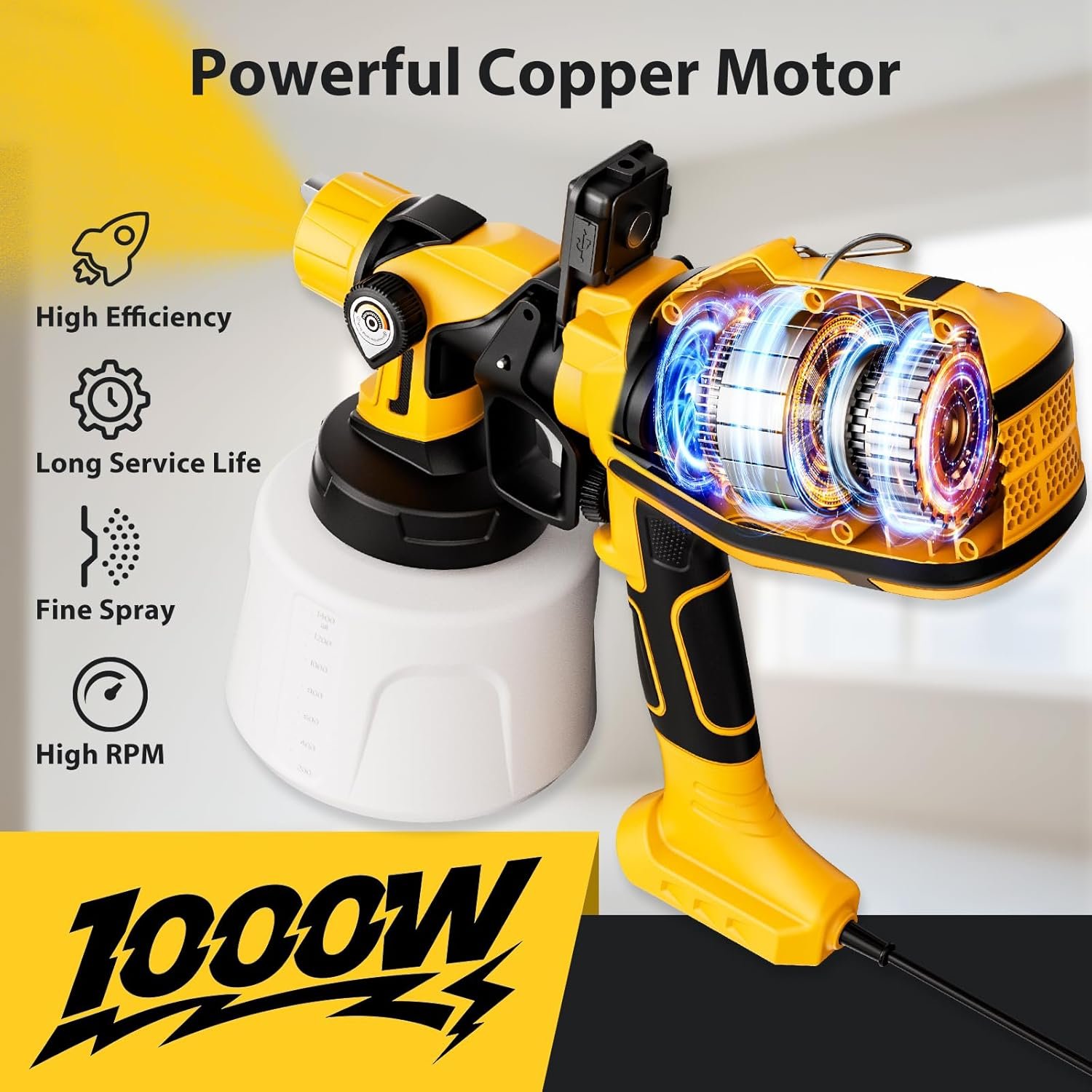 Paint Sprayer for House Painting, Paint Sprayer with 1000W Powerful Copper Motor, 1400ml (47oz) Container, 6 Brass Nozzles & LED Light, Easy to Clean for House, Fence, Furniture, Walls, DIY, Garden - Image 2