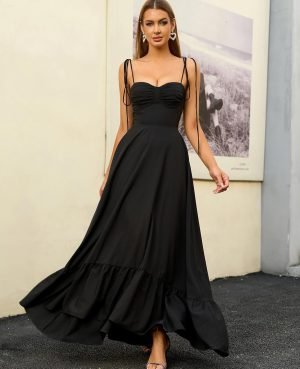 GLNEGE Women’s Summer Spaghetti Strap Maxi Wedding Guest Dress Smocked Ruffle Tea Pa...