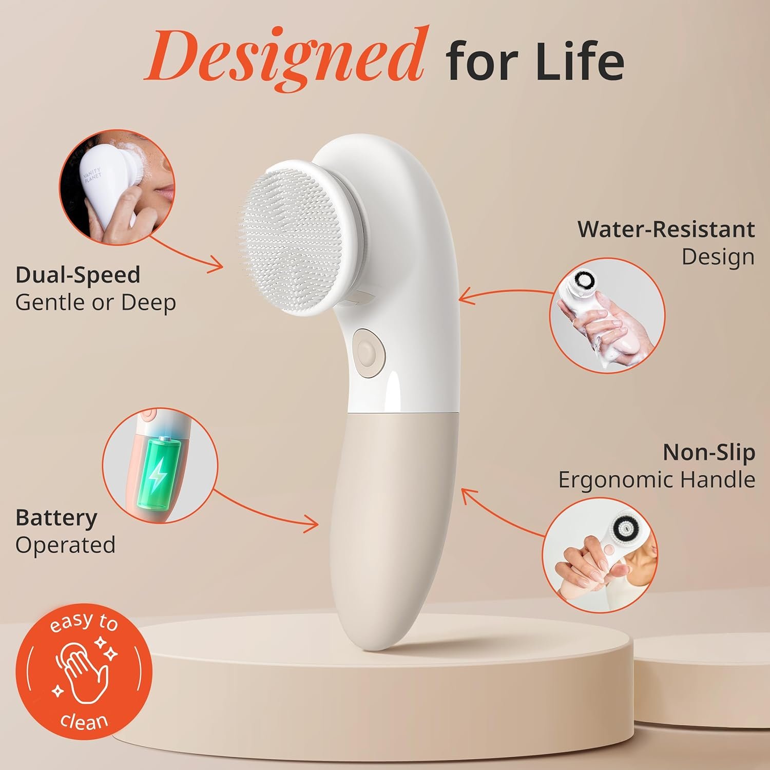 Raedia Handheld Facial Cleansing Brush with 4 Interchangeable Brush Heads by Vanity Planet - Lightweight Daily Cleansing Brush for Glowing Skin - Water Resistant Face Exfoliator - Warm Grey - Image 3