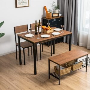 Giantex Dining Table Set for 4, 43″ Kitchen Table and Chairs, Dining Bench with Metal Frame & Storage Rack, 4-Piece Modern Functional Desk Set for Dinette, Small Space, Apartment, Restaurant, Brown