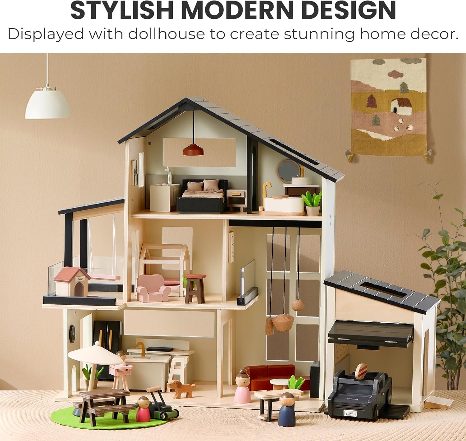 Tiny Land Wooden Dollhouse Garage Set – Realistic Design with Garage, Workbench,Lawn Mower & SUV Car, Expansion Dollhouse Furniture & Accessories for Doll house, Educational Pretend Play Gift for Kids - Image 7