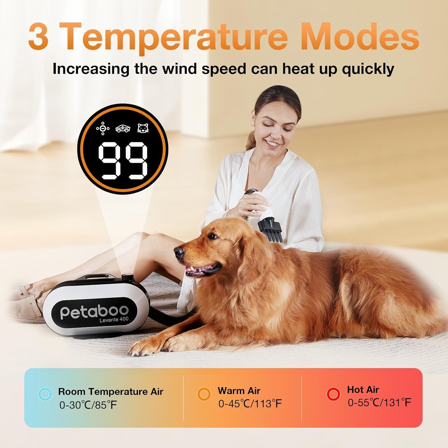 petaboo Dog Dryer - Ultra-Quiet 40dB Cat Mode, Portable & All-in-One Storage, 3-in-1 Nozzles & Adjustable Speed/Temp, Negative Ion Technology, BLDC Motor, Force Dryer for Dogs & Cats - Image 3
