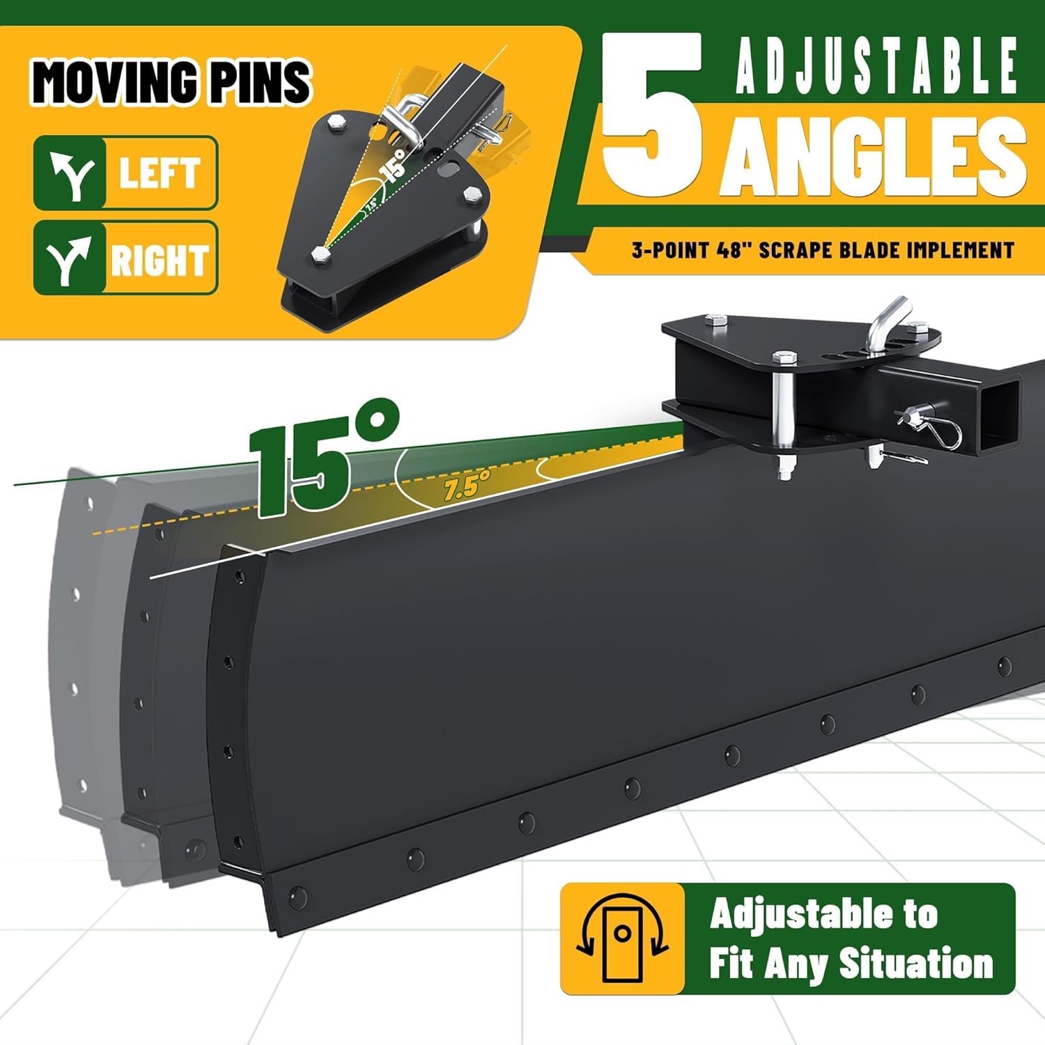 ECOTRIC 3-Point 48" Scrape Blade Implement 2 Inch Receiver ATV UTV Lawn Garden Tractors w/5 Adjustable Angles Rear Tow Grading Blade Attachment - Image 3