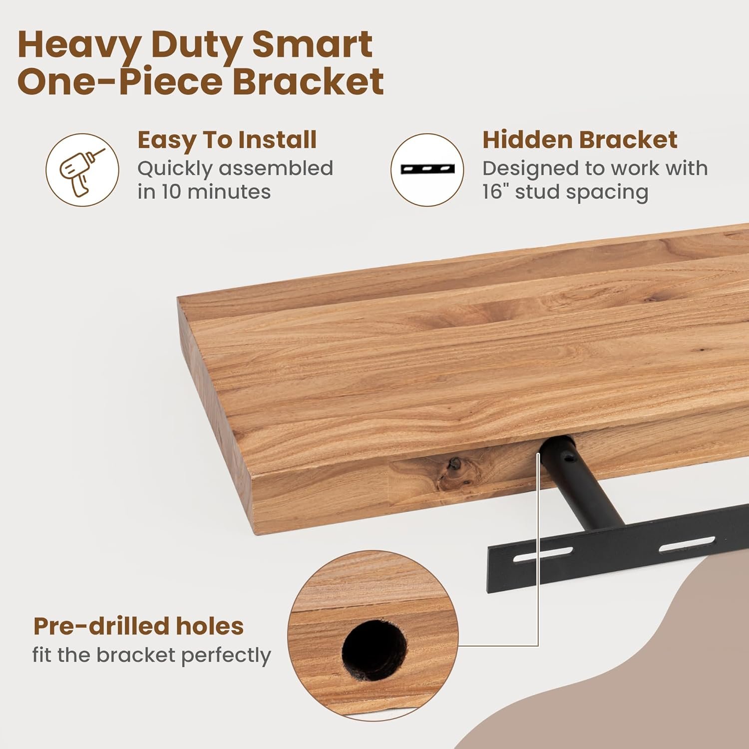 Floating Shelves for Wall Decor, Rustic Solid Elm Wood Live Edge Floating Shelves Wall Mounted, Wall Shelves with Invisible Bracket for Living Room Bathroom Bedroom Kitchen, 24 Inch Set of 2, Natural - Image 6