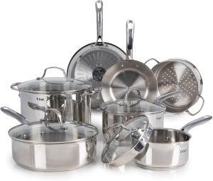 T-fal Stainless Steel Cookware Set, 11 Piece, Induction Cookware, Oven Safe to 500°F, Kit...