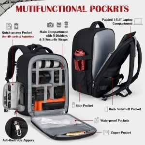SDYSM Camera Backpack, Hardshell DSLR/SLR Camera Bag with Lens Pouch & 15.6″ Laptop Compartment Waterproof Camera Case with Rain Cover Photography Backpack Compatible for Canon/Nikon/Sony/Drone Black