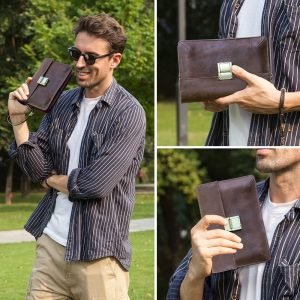 Contacts Mens Leather Clutch Bag, Code Lock Anti Theft Wrist Wallet for Men Leather Clutch Purse Travel Card Phone Checkbook Organizer