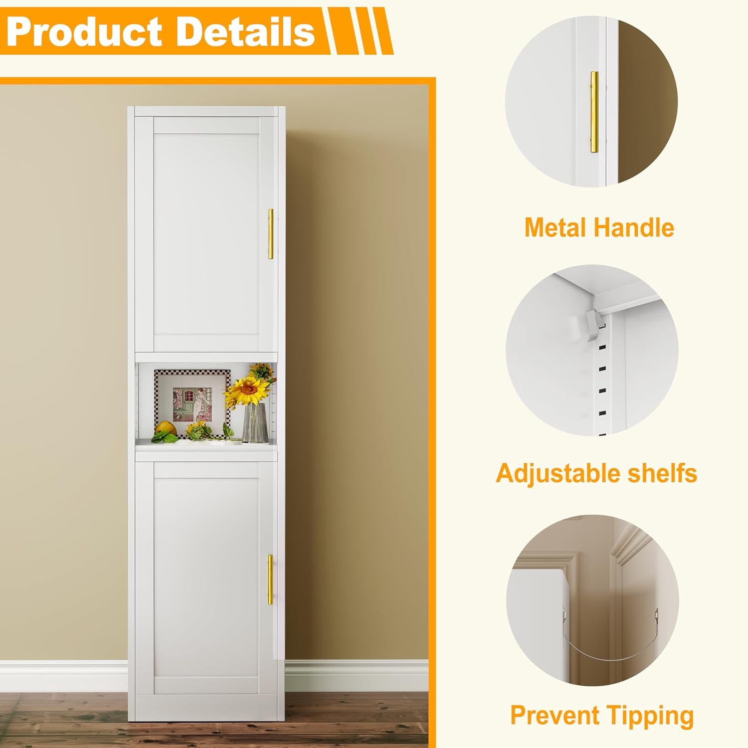 Tall Narrow Storage Cabinet 66.93" H Tall Bathroom Cabinets Metal Pantry Cabinet, 4 Adjustable Shelves for Kitchen, Home Office, Living Room, Dinning Room (16 inches Wide White) - Image 4