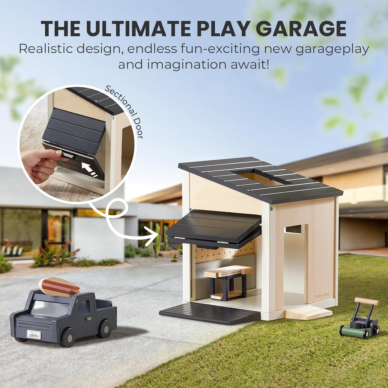 Tiny Land Wooden Dollhouse Garage Set – Realistic Design with Garage, Workbench,Lawn Mower & SUV Car, Expansion Dollhouse Furniture & Accessories for Doll house, Educational Pretend Play Gift for Kids - Image 3