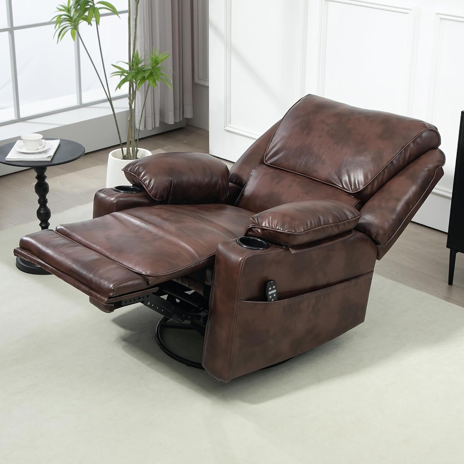 HOMCOM Swivel Rocker Recliner Chair with Vibration Massage and Heat, Oversized PU Leather Ergonomic Lounge Chair with Footrest, Remote, Cup Holders and Side Pockets for Living Room, Brown - Image 9