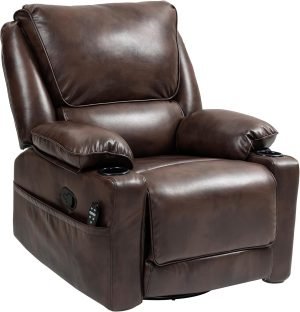 HOMCOM Swivel Rocker Recliner Chair with Vibration Massage and Heat, Oversized PU Leather Ergonomic Lounge Chair with Footrest, Remote, Cup Holders and Side Pockets for Living Room, Brown