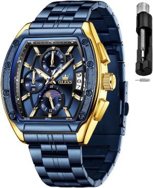 OLEVS Mens Watches Analog Quartz Chronograph Square Dress Watch for Man Stainless Steel or Leather Band Waterproof Luminous Date Male Watch