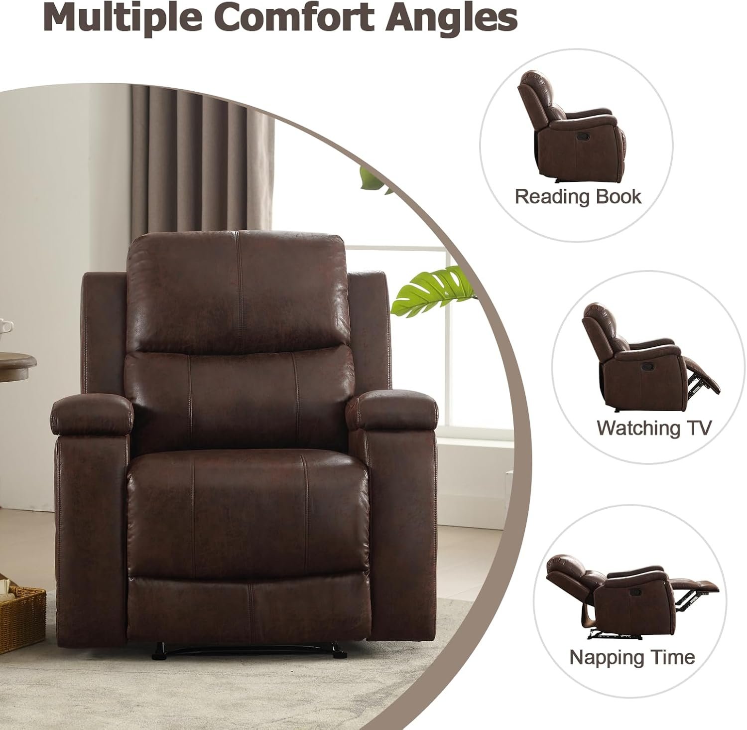 CANMOV Leather Recliner Chair, Classic and Traditional Manual Recliner Chair with Overstuffed Arms and Back, Manual Single Sofa with Concealed Cup Holders,Red Brown - Image 6