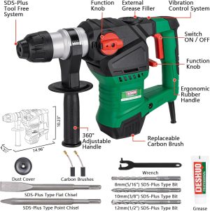 1-1/4″ SDS-Plus Rotary Hammer Drill, 12.5 Amp 3 Functions Corded Vibration Control R...